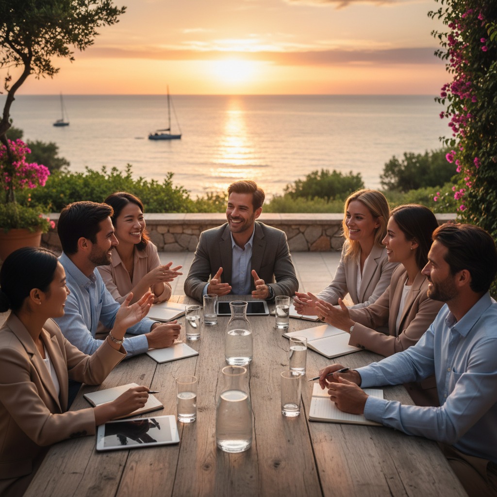Un gruppo di professionisti discute attorno a un tavolo all'aperto durante il tramonto, con il mare e alcune barche a vela sullo sfondo.