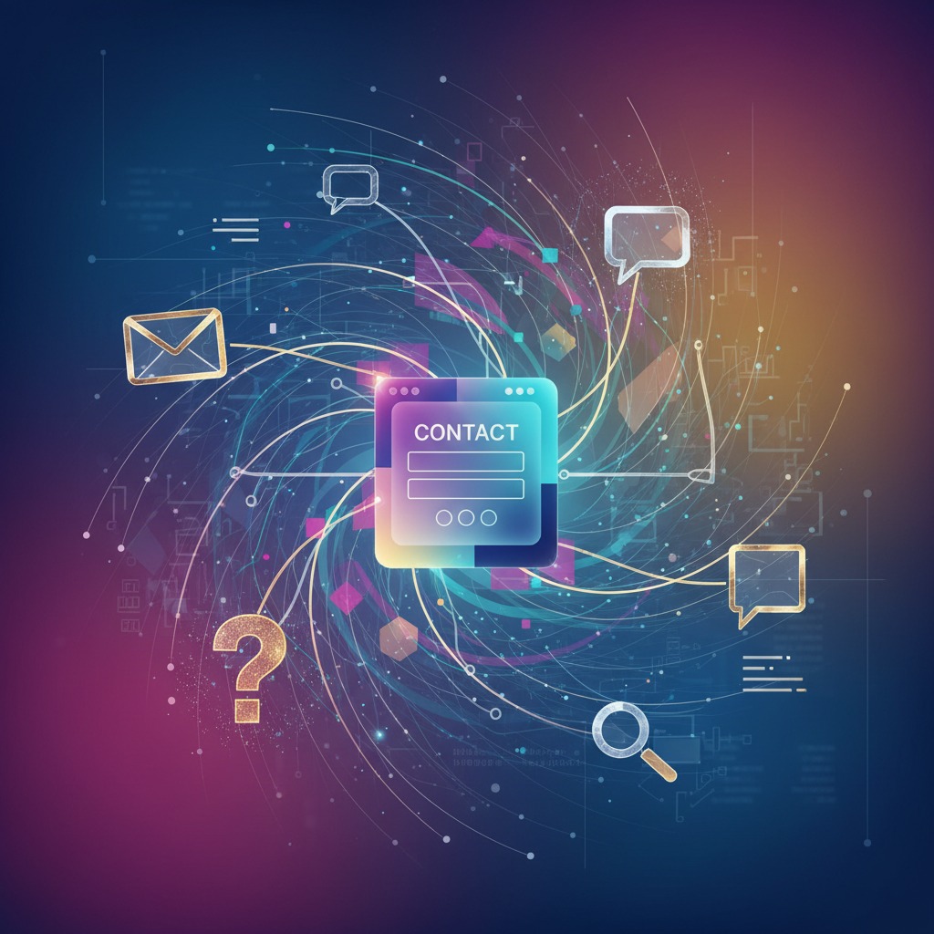 Un modulo di contatto digitale circondato da icone di comunicazione e linee di dati su uno sfondo astratto.
